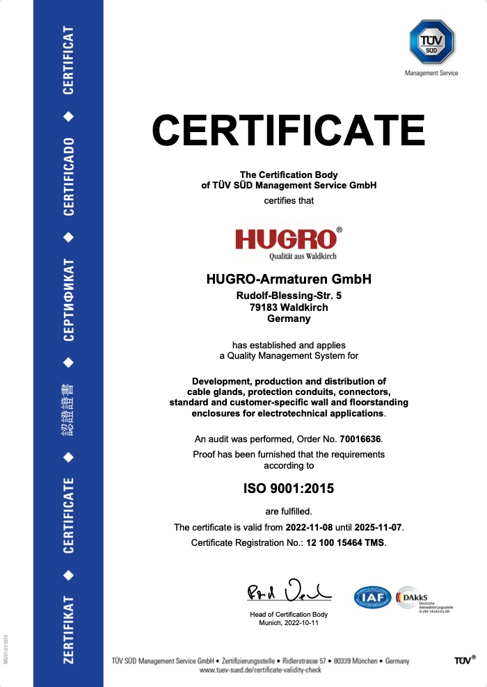 HUGRO Certificate ISO 9001:2015